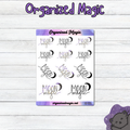 A sticker sheet featuring eleven individual stickers with the text Moon Magic in a stylized hand written font, accompanied by a crescent moon graphic. The stickers have a purple and blue gradient background and are arranged on a white rectangular sheet.