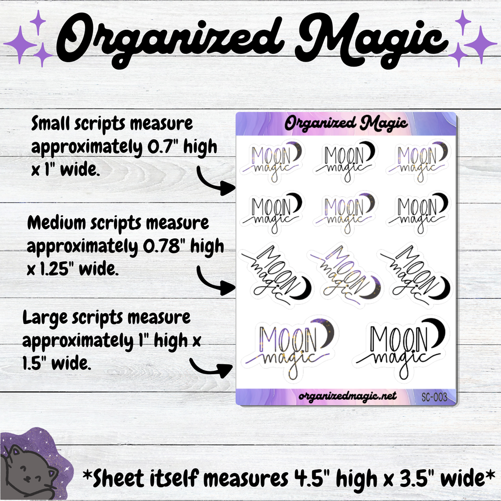 A product listing graphic for 'Organized Magic' planner stickers, showing a sheet of multiple sticker designs with text detailing the sizes of small, medium, and large scripts. The background is a light wood texture.