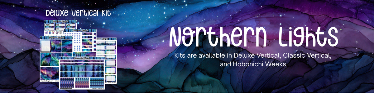 Watercolor purple and blue background with mountains featuring Northern Lights Deluxe Vertical Kit