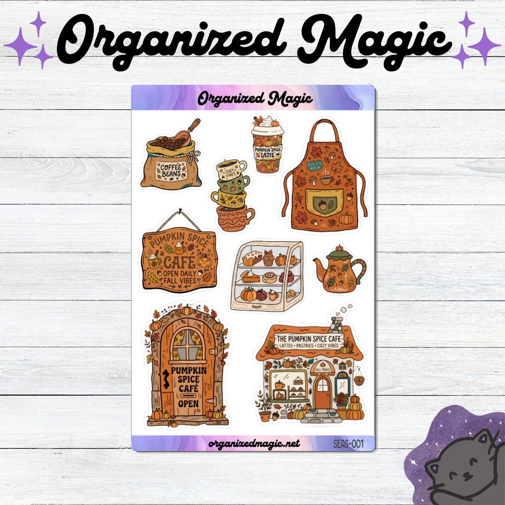 A sticker sheet titled Organized Magic featuring autumn-themed illustrations including a coffee bean sack, stacked mugs, a pumpkin spice latte, an apron, a cafe sign, a pastry display case, a teapot, a door, and a cafe building.