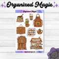 A sticker sheet titled Organized Magic featuring autumn-themed illustrations including a coffee bean sack, stacked mugs, a pumpkin spice latte, an apron, a cafe sign, a pastry display case, a teapot, a door, and a cafe building.