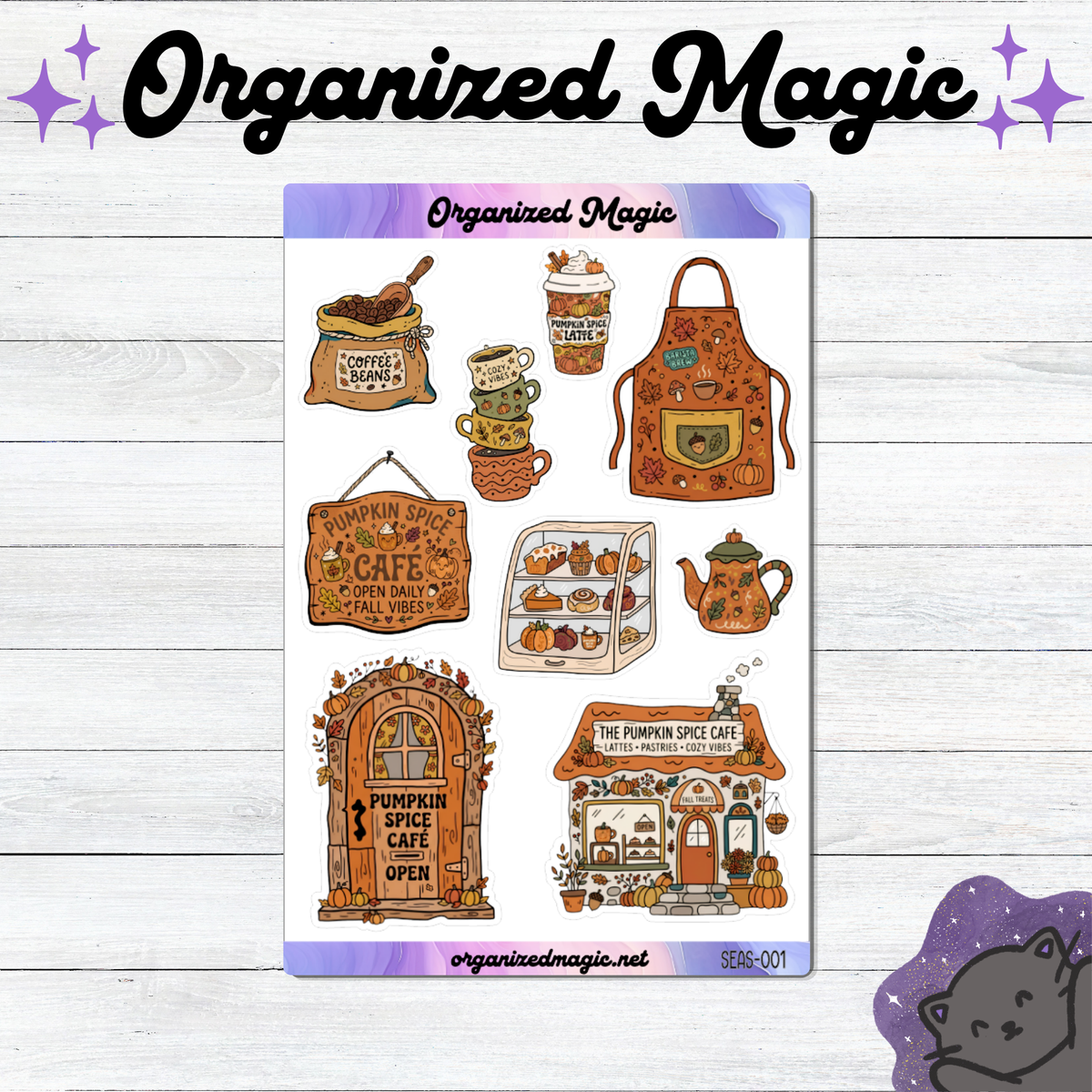 A sticker sheet titled Organized Magic featuring autumn-themed illustrations including a coffee bean sack, stacked mugs, a pumpkin spice latte, an apron, a cafe sign, a pastry display case, a teapot, a door, and a cafe building.