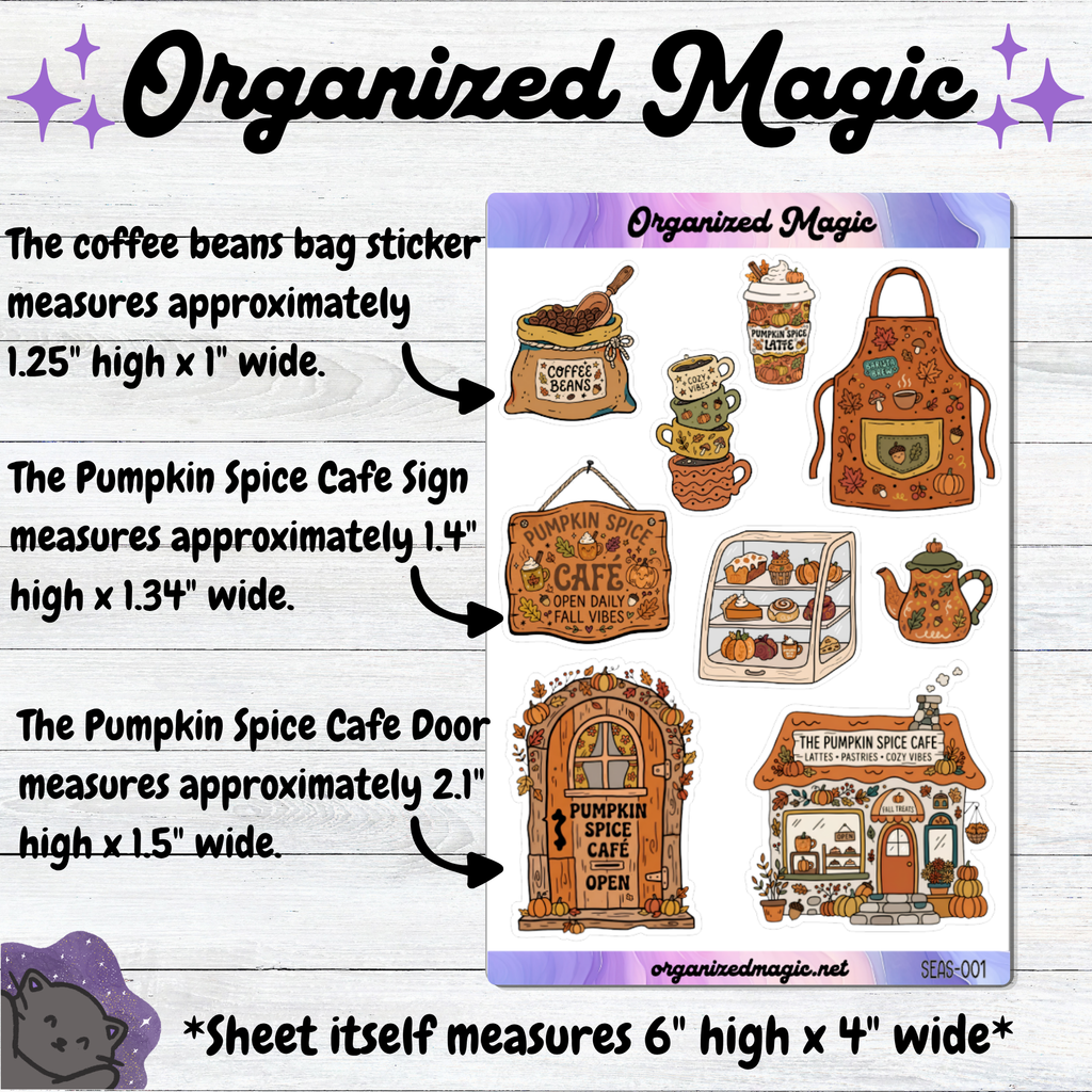 A product listing graphic for a sticker sheet titled 'Organized Magic,' showing a sheet of coffee-themed stickers on a light wood background with measurement callouts and descriptive text. The sticker sheet includes illustrations of coffee beans, mugs, an apron, a sign, a teapot, pastries, and a pumpkin spice cafe storefront.