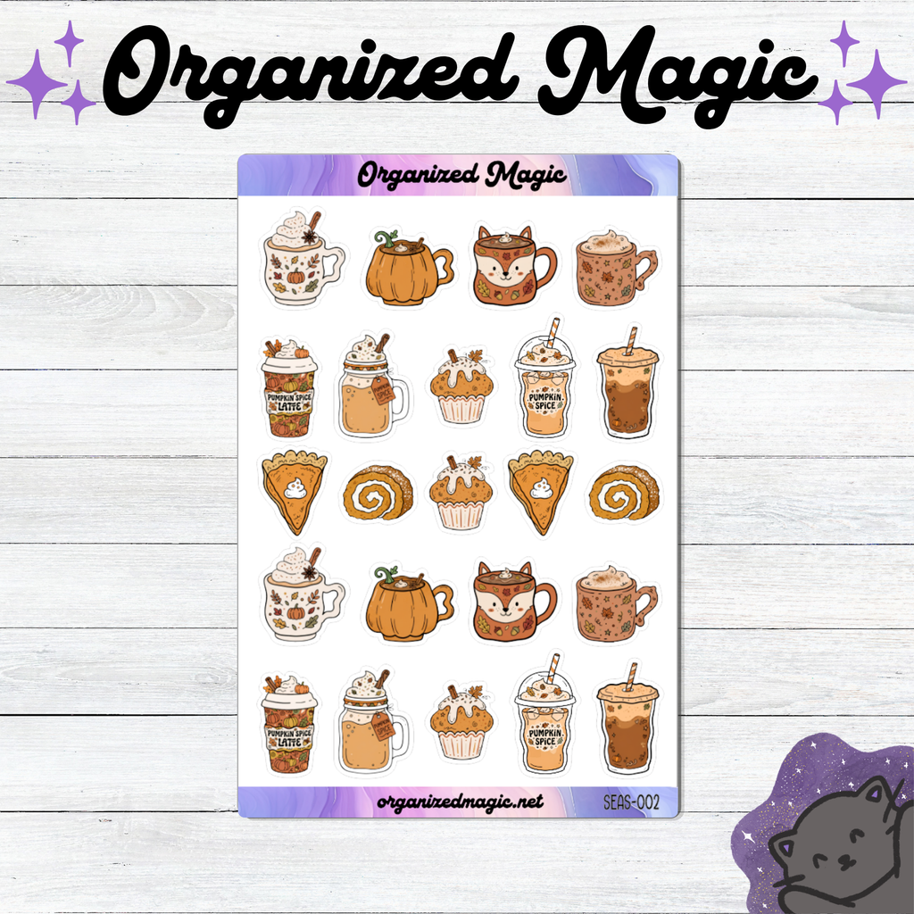 A sticker sheet titled Organized Magic featuring autumn-themed treat illustrations including pumpkin spice lattes, mugs with fox and leaf patterns, cupcakes, pumpkin pie slices, and Swiss rolls in warm orange, brown, and cream tones.