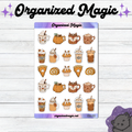 A sticker sheet titled Organized Magic featuring autumn-themed treat illustrations including pumpkin spice lattes, mugs with fox and leaf patterns, cupcakes, pumpkin pie slices, and Swiss rolls in warm orange, brown, and cream tones.