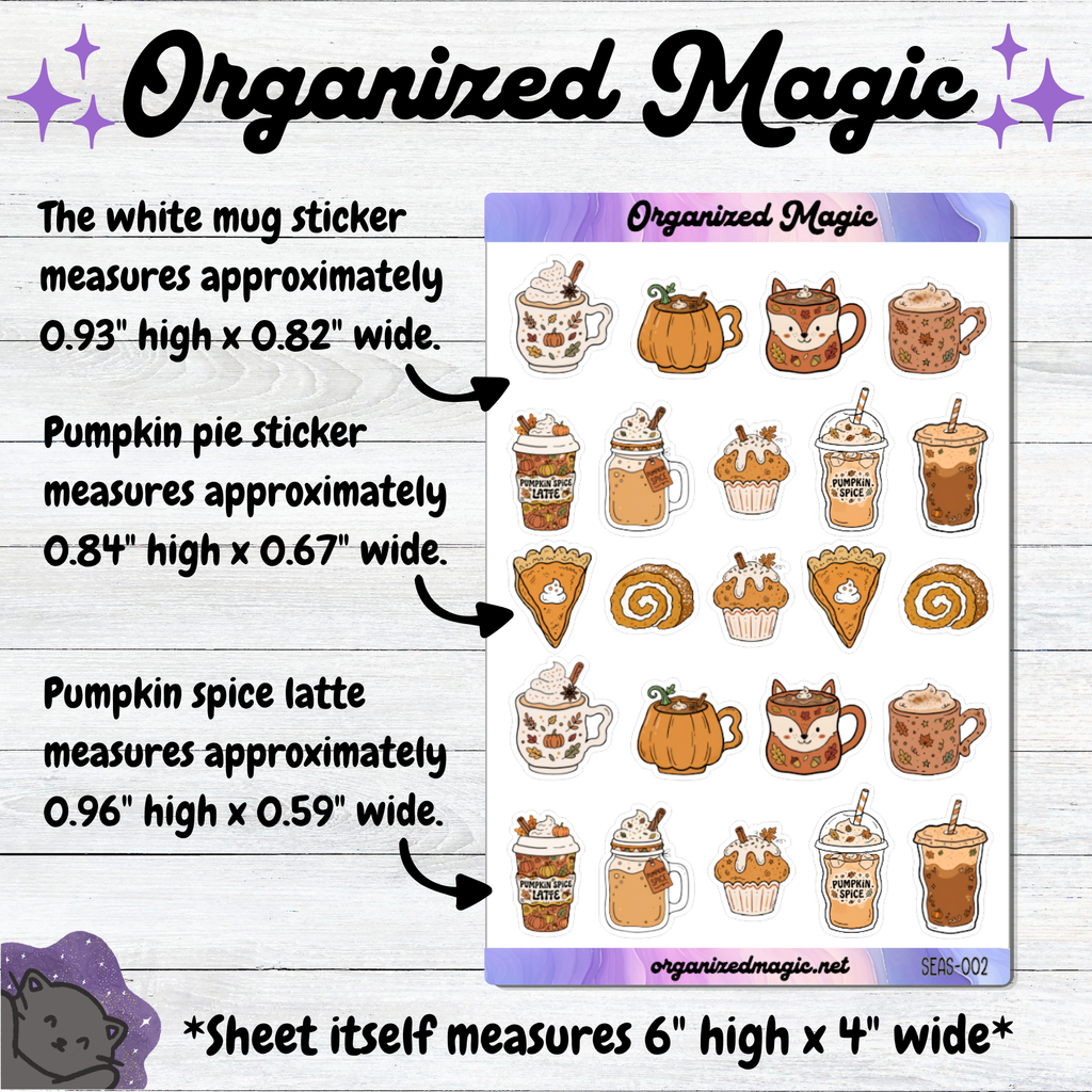 A product listing graphic for a sticker sheet titled 'Organized Magic' showing autumn-themed stickers including mugs, cupcakes, and pumpkins, with text listing approximate sticker sizes and the sheet dimensions.