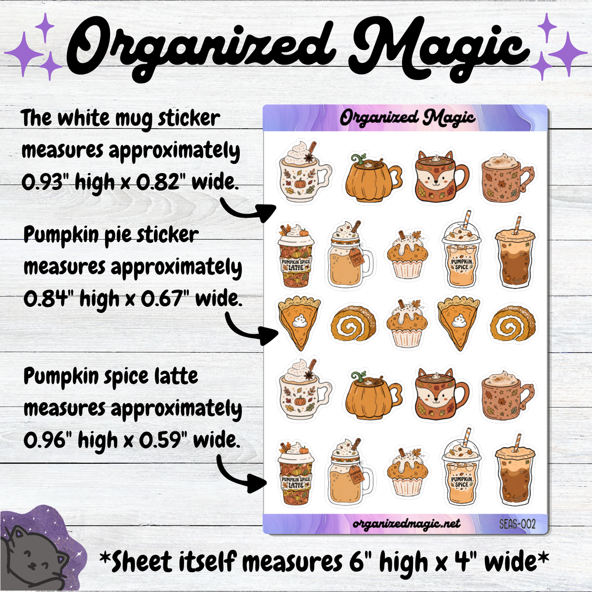 A product listing graphic for a sticker sheet titled 'Organized Magic' showing autumn-themed stickers including mugs, cupcakes, and pumpkins, with text listing approximate sticker sizes and the sheet dimensions.