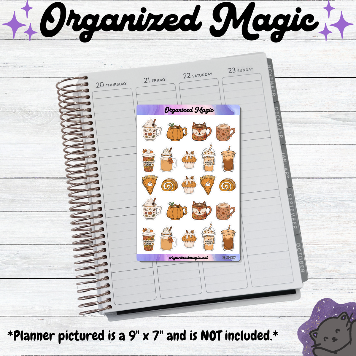 A sticker sheet titled Organized Magic featuring autumn-themed illustrations of pumpkin-shaped mugs, fox-faced cups, coffee drinks, pumpkin pie slices, and cupcakes. The sheet is displayed on an open planner and includes the text Organized Magic and organizedmagic.net.