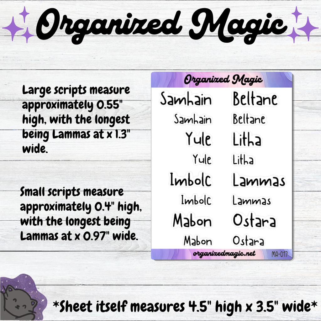 Sabbats Script Planner Stickers, Pagan Witchcraft Symbols, Matte Weatherproof Planner Accents