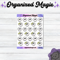 A sheet of planner stickers featuring cute doodle skulls, with some wearing green bows, displayed on a white wood background. The brand name 'Organized Magic' is visible at the top of the sticker sheet.