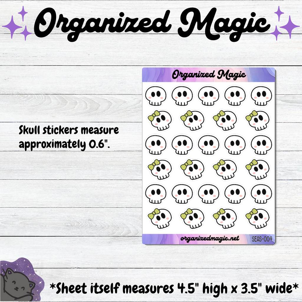 A sticker sheet titled Organized Magic featuring rows of white skull icons with black eyes and pink cheeks. Some skulls wear green polka-dot bows. The sheet measures 4.5 inches high by 3.5 inches wide, with individual skull stickers measuring 0.6 inches.