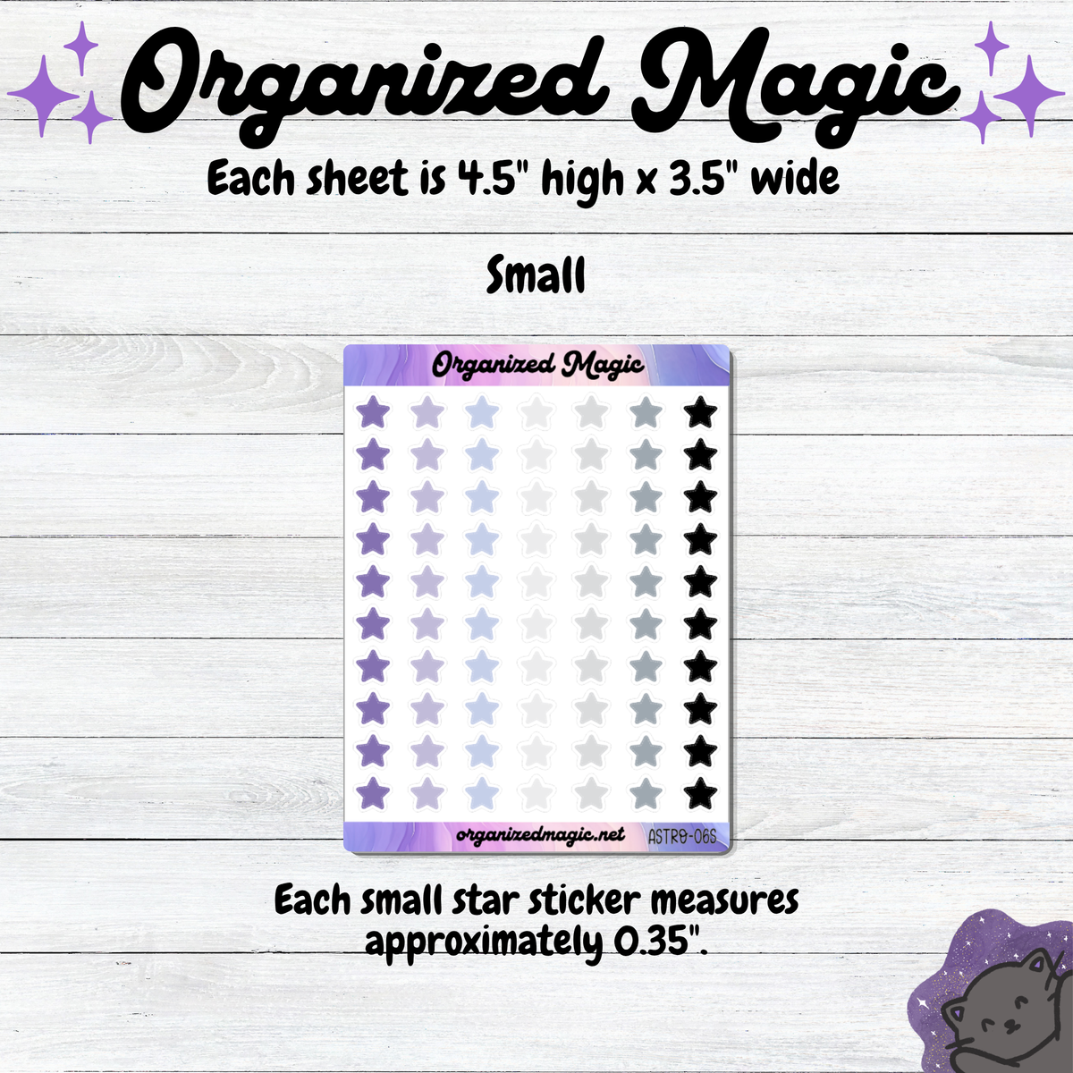 Organized Magic small planner sticker sheet with rows of star stickers in purple, gray, and black, shown on a white wood background with size text. Each small star sticker measures approximately 0.35 inches.