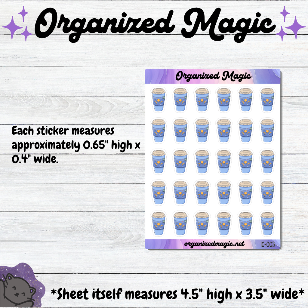 A planner sticker sheet titled 'Organized Magic' shown on a white wood-texture background with descriptive text. The sheet contains rows of small coffee cup stickers in light blue with tan lids and small yellow star accents. Each sticker measures approximately 0.65 inches high by 0.4 inches wide. The sheet itself measures 4.5 inches high x 3.5 inches wide.