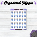A sheet of planner stickers featuring blue coffee cups with beige lids, moon and stars on the coffee sleeve, displayed on a white wood background with decorative purple branding elements.