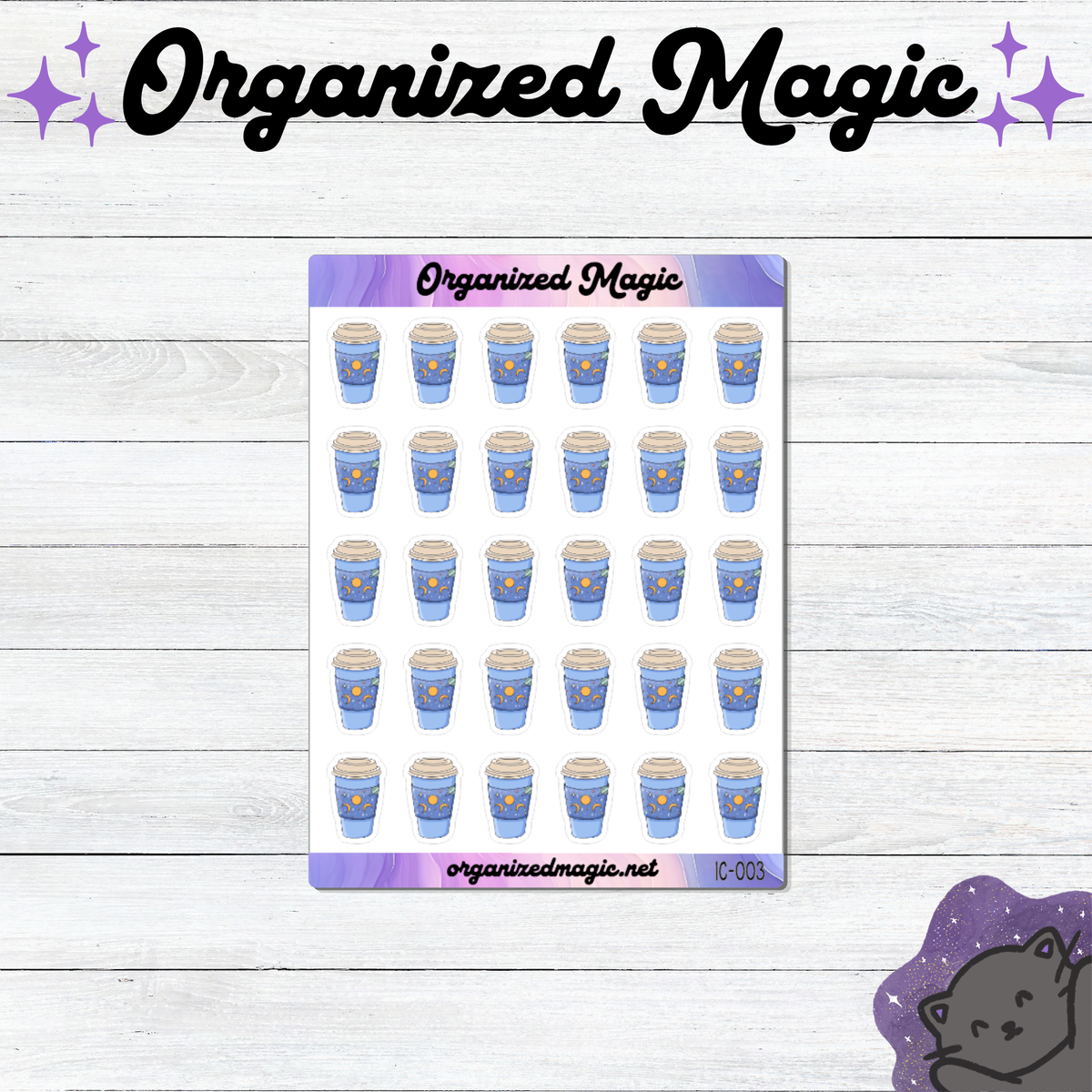 A sheet of planner stickers featuring blue coffee cups with beige lids, moon and stars on the coffee sleeve, displayed on a white wood background with decorative purple branding elements.