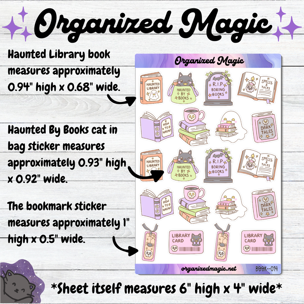 A product listing graphic for a sticker sheet by Organized Magic featuring Spooky Bookish Deco showing a preview of the sticker sheet on the right and text on the left detailing the measurements of various stickers (book, cat, and bookmark sizes) against a light wood background.