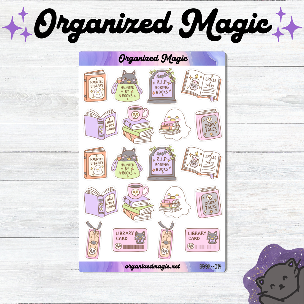 A sheet of planner stickers themed around books and libraries, featuring cute illustrations of a gray cat, open books, stacks of books, library cards, and tombstones with humorous quotes. The sheet is displayed on a white wood background with decorative purple text reading 'Organized Magic' at the top.