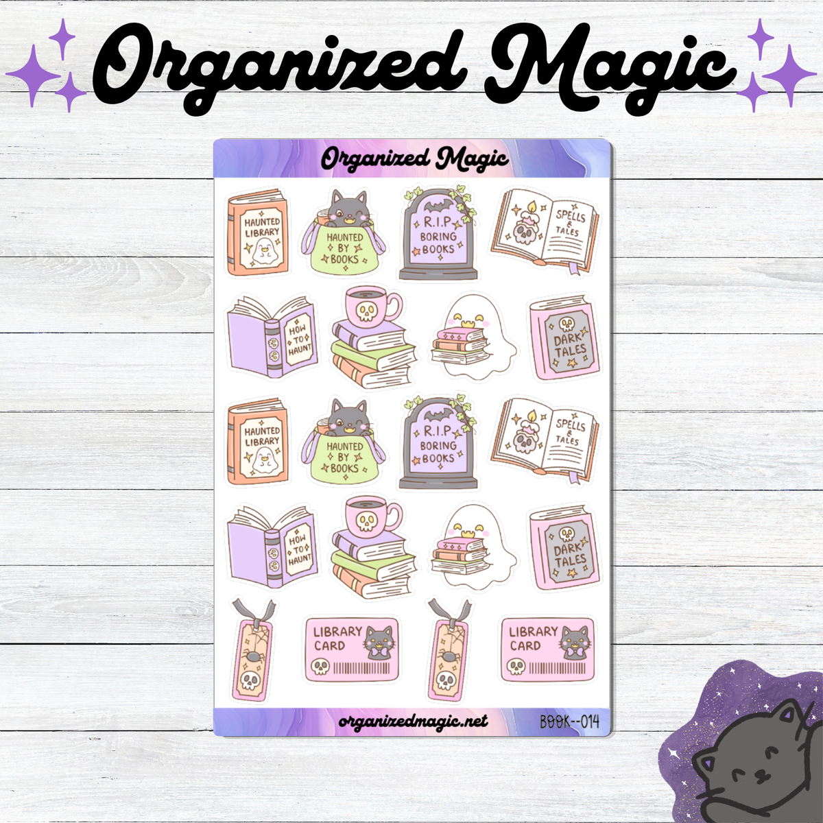 A sheet of planner stickers themed around books and libraries, featuring cute illustrations of a gray cat, open books, stacks of books, library cards, and tombstones with humorous quotes. The sheet is displayed on a white wood background with decorative purple text reading 'Organized Magic' at the top.