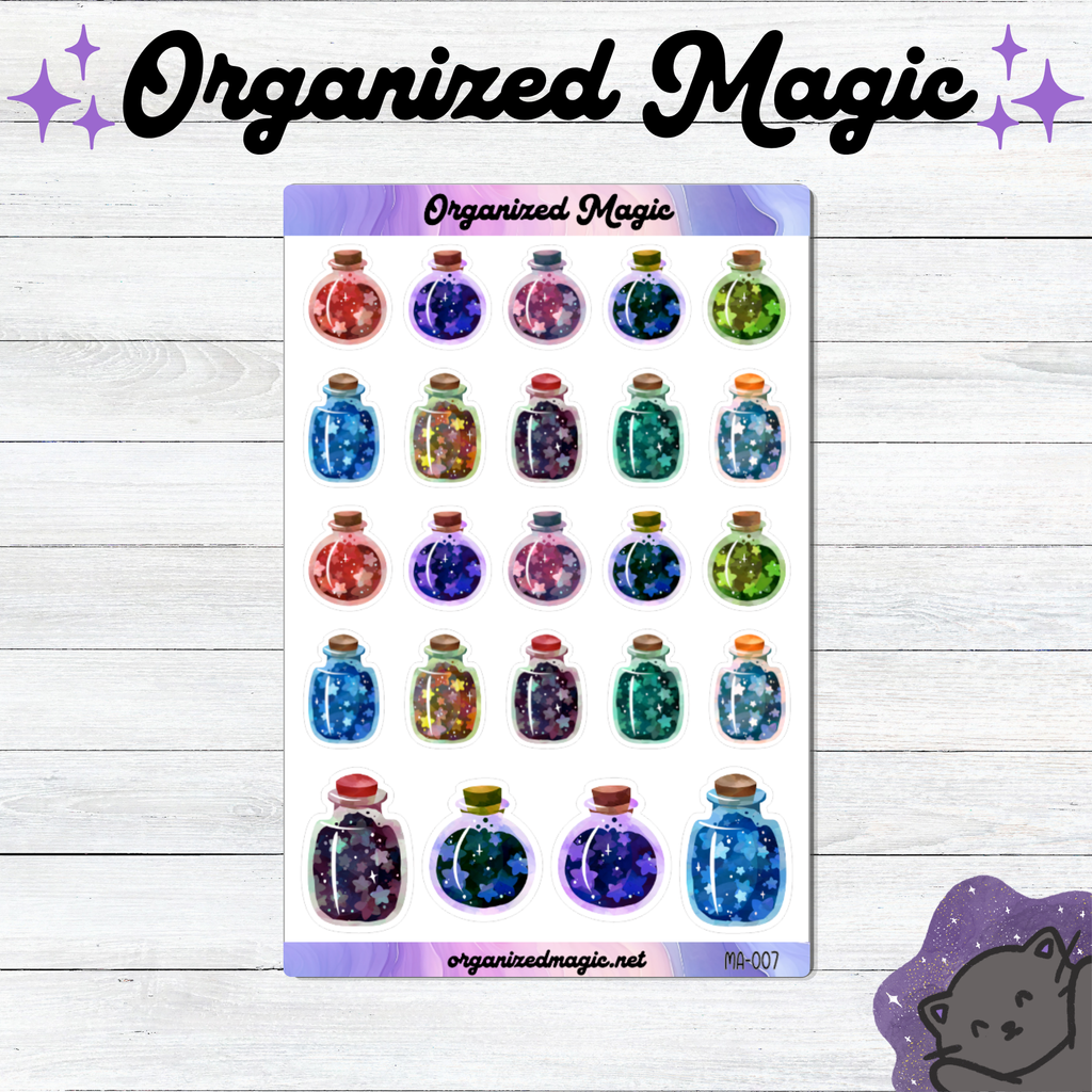 A sheet of planner stickers featuring colorful potion bottles filled with glitter, displayed on a white wood background with decorative purple text and a cat illustration.