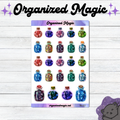 A sheet of planner stickers featuring colorful potion bottles filled with glitter, displayed on a white wood background with decorative purple text and a cat illustration.