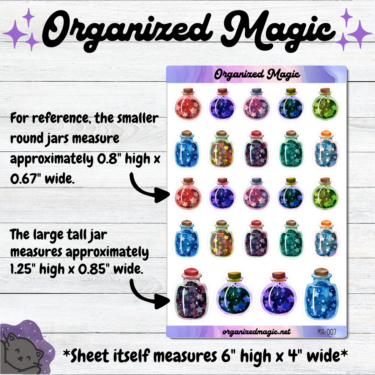 A sticker sheet titled Organized Magic featuring twenty-four colorful potion jar stickers filled with star shapes. The smaller round jars measure 0.8 inches high by 0.67 inches wide, the tall jar is 1.25 inches high by 0.85 inches wide, and the sheet is 6 inches high by 4 inches wide.