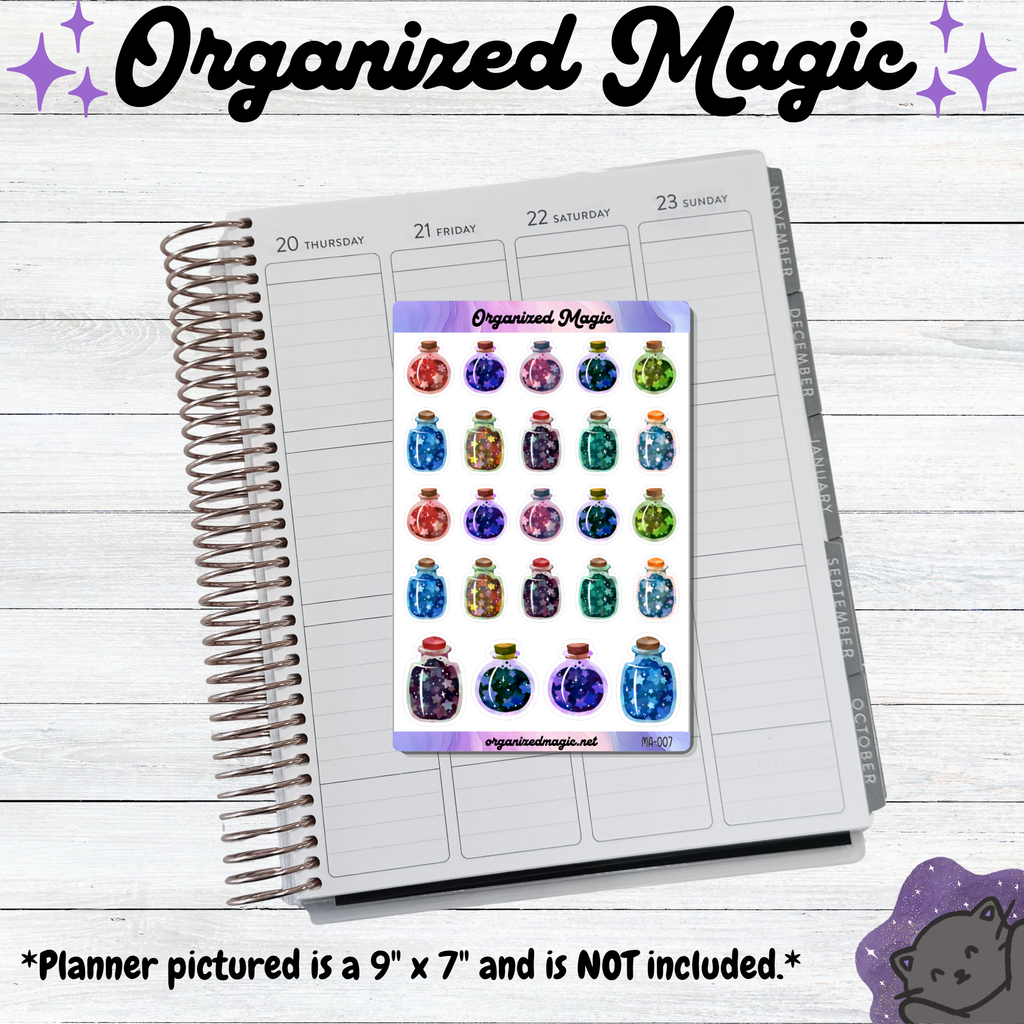 A sticker sheet featuring twenty-four small, colorful potion bottle illustrations with various star and glitter patterns displayed on a 9 inch by 7 inch planner. The sheet includes the text Organized Magic at the top and bottom, with the code MA-007 printed in the bottom right corner. The planner shown is not included.