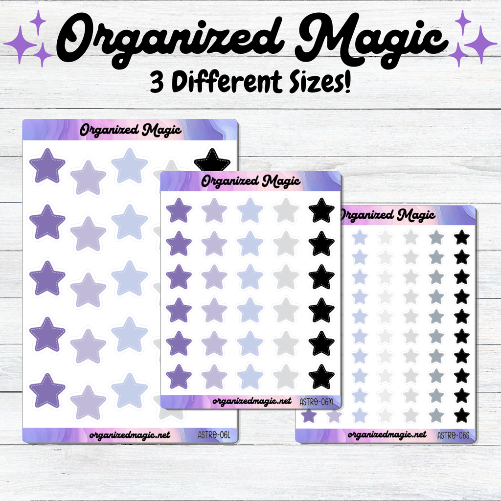 Three sheets of star stickers in different sizes, featuring lavender, light purple, white, and black stars, displayed on a white wood background with 'Organized Magic' text at the top.