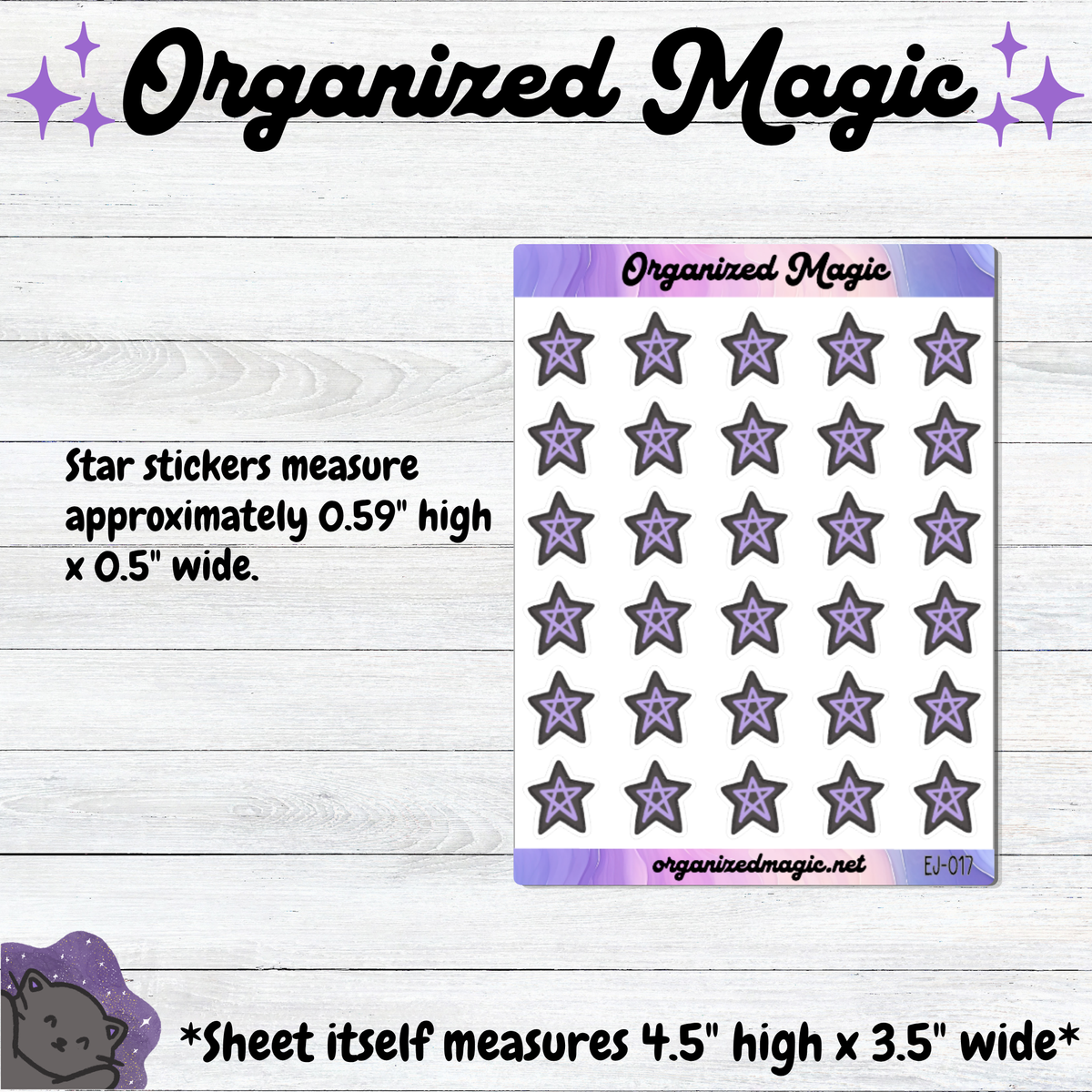 A sticker sheet featuring purple and black star stickers on a white background, displayed on a light wood texture backdrop. The image includes text detailing the sticker measures approximately 0.59 inches high by 0.5 inches wide. The sheet itself measures 4.5 inches high by 3.5 inches wide.