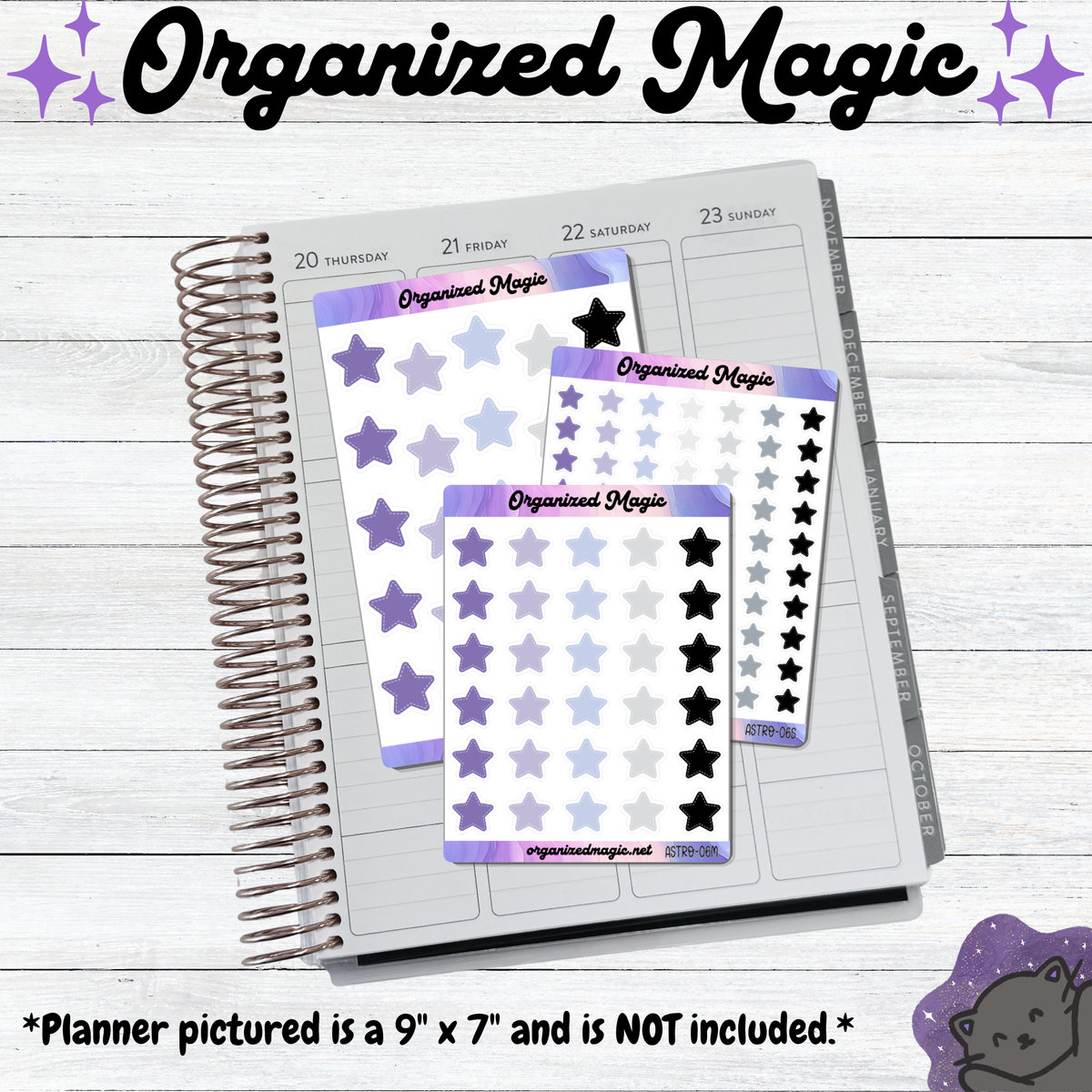 Three sticker sheets with star designs in lavender, gray, and black are shown placed over a spiral planner on a whitewashed wood background. The planner is only used as a display prop, and the text at the top and bottom reads 'Organized Magic' and notes that the planner pictured is not included.