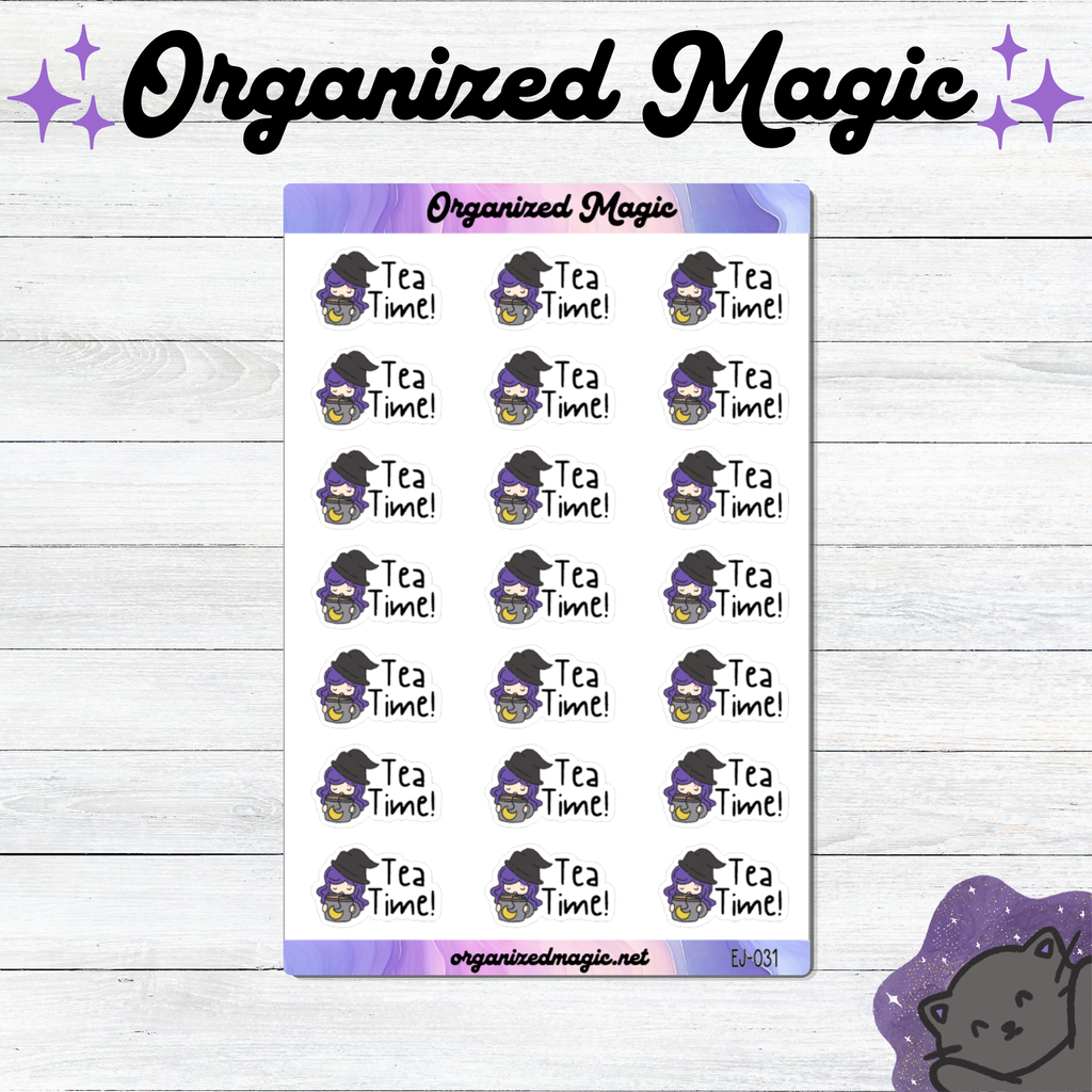 a sticker of a purple and white sticker with a cat and text