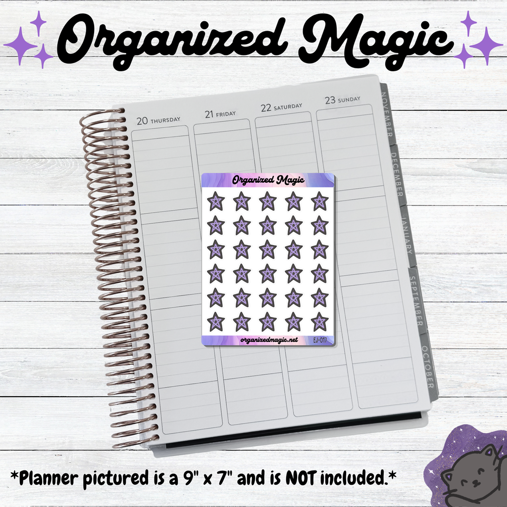 A weekly planner page with a sheet of small purple dress-themed planner stickers placed on top, shown on a light wood background. Large text at the top reads 'Organized Magic' and there is a note at the bottom stating the planner pictured is 9 inches high by 7 inches wide and is not included.