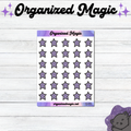 A sheet of planner stickers featuring purple doodle five-point stars with black outlines, displayed on a white wood background with decorative branding text.